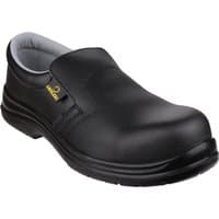Black Amblers Safety Fs661 slip-on shoe, metal-free, lightweight, with padded collar and slip-resistant sole, size 10.
