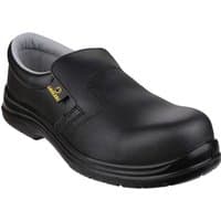 Black Amblers slip-on safety shoe, metal-free, lightweight design, padded collar, and slip-resistant sole.