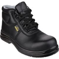Black Amblers Safety boot, lace-up with padded collar and yellow logo on the side, sturdy sole, size 4.