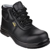 Black leather Amblers Safety boot, lace-up with padded collar, steel toe cap, and slip-resistant sole.