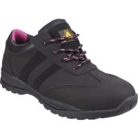 Black Amblers Safety trainer with pink lining, black stripes, and pink-accented laces, size 6.5.