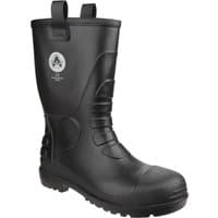 Black waterproof PVC safety rigger boot with pull-on loops and reinforced toe, size 5, by Amblers Safety.