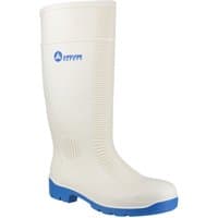 White Amblers Safety Wellington boot with blue sole, steel toe, textured shaft, and logo on the side.