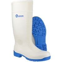White Amblers Safety Wellington boot with blue sole and steel toe, featuring ribbed texture and logo on the side.