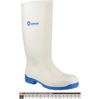 White Amblers Safety Wellington boot with steel toe, blue sole, and ribbed texture, size 8.