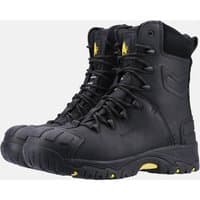 Black Amblers Safety hi-leg boots with side zip, composite toe, and yellow accents, size 6.5.
