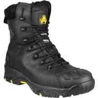 Black Amblers Safety hi-leg boot with side zip, composite toe, lace-up front, and rugged sole, size 7.
