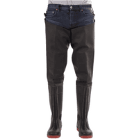 Black Amblers Safety Rhone thigh wader, size 5, with reinforced boots and adjustable straps, by Footsure Western Limited.