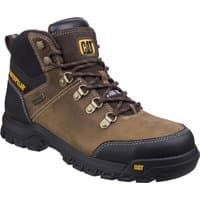 Brown Caterpillar safety boot with black rubber sole, metal eyelets, and yellow logo on tongue and heel.