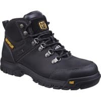 Black Caterpillar safety boot with metal eyelets, padded collar, and yellow logo on side and tongue, size 7.