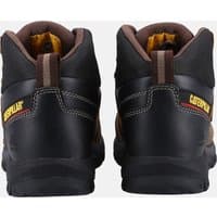 Black and brown Caterpillar safety boots with reinforced heel, yellow logo, and padded collar, size 9.