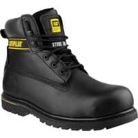 Black Caterpillar Holton safety boot, size 14, with yellow logo, steel toe, and rugged sole by Footsure Western Limited.