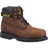 Brown Caterpillar Holton safety boot, size 14, with black padded collar, yellow logo, and rugged sole.