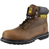 Brown Caterpillar Holton safety boot, size 15, with black padded collar and yellow logo accents.