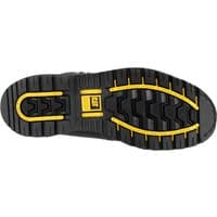 Black Caterpillar Holton Safety Boot sole with yellow accents and deep tread pattern, size 9.