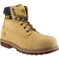 Tan Caterpillar Holton safety boot, size 9, with steel toe, padded collar, and rugged sole.