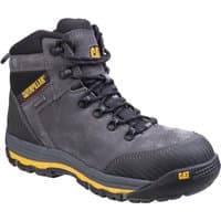 Gray Caterpillar Munising safety boot, black laces, yellow accents, rugged sole, ankle-high design.