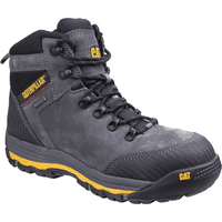 Gray Caterpillar Munising safety boot, black laces, yellow accents, reinforced toe, ankle-high design.