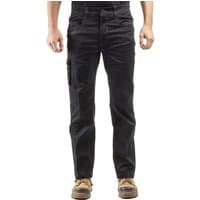 Black Caterpillar Operator Fx trousers, size 32, with cargo pocket and reinforced knees, worn with brown boots.
