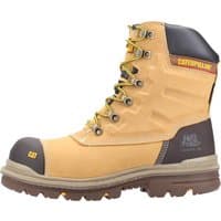 Tan Caterpillar safety boot, size 8, with reinforced toe, yellow laces, and rugged sole, by Footsure Western Limited.
