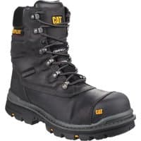 Black Caterpillar waterproof safety boot with reinforced toe, metal eyelets, and yellow logo accents.