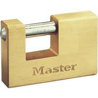 Gold rectangular Masterlock padlock with exposed silver shackle and engraved "Master" logo.