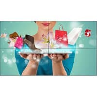 Philips 49-inch signage display with thin bezels, vibrant digital shopping imagery, and sleek black frame.