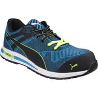 Blue and black Puma safety shoe with green accents, mesh upper, and cushioned sole, size 7.
