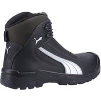 Black Puma Safety Cascades Mid S3 boot, size 11, with white logo, padded ankle, and rugged sole.