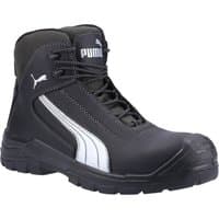 Black Puma Safety Cascades Mid S3 boot, size 13, with white stripe, padded ankle, and rugged sole.