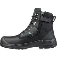 Black Puma Safety Conquest boot, size 10.5, with side zipper, lace-up front, and reinforced toe.