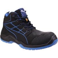 Black and blue Puma Safety Krypton lace-up boot with reinforced toe and patterned sole, size 11.