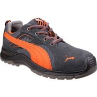 Gray and orange Puma Safety Omni Flash Low Trainer, size 10, with mesh upper and reinforced toe.