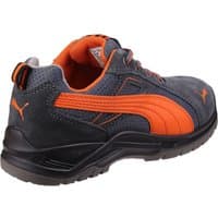 Black and orange Puma Safety Omni Flash Low Safety Trainer with textured sole and Puma logo.