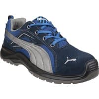Blue and gray Puma Safety Omni Sky Low shoe with black sole, blue laces, and Puma logo on the side.