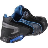 Black and blue Puma safety boot with lace-up design, reinforced heel, and Puma logo on the side.