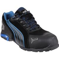 Black Puma Safety Rio Low Lace-Up Boot, blue accents, Puma logo, padded collar, rugged sole, size 11.