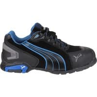 Puma Safety Rio Low black lace-up boot, size 6, with blue accents, slip-resistant sole, and reinforced toe.