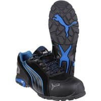 Puma Safety Rio Low black lace-up boot, blue accents, rugged sole, size 9, by Footsure Western Limited.