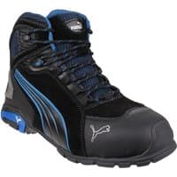 Black and blue Puma Safety Rio Mid lace-up boot with reinforced toe and Puma logo, size 10.5.