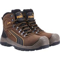 Brown Puma Safety Sierra Nevada Mid Boot, black accents, yellow logo, reinforced toe, size 10, rugged sole.