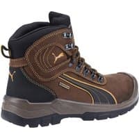 Brown and black Puma Safety Sierra Nevada Mid Boot with yellow stitching and logo, rugged sole, size 10.5.