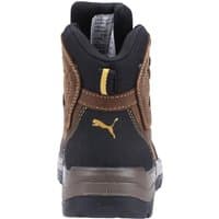 Brown and black Puma Safety Sierra Nevada Mid Safety Boot, size 9, with yellow logo and rugged sole.