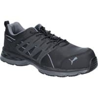 Black Puma Velocity 2.0 safety shoe, size 11, with gray accents, lace-up design, and slip-resistant sole.