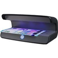 Black Safescan counterfeit bill detector with UV light, displaying a banknote under curved hood.