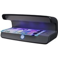 Black Safescan 131-0723 counterfeit bill detector with UV light and currency note under inspection.