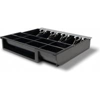 Black Safescan 4141T1 cash drawer insert with eight coin slots and four bill compartments.