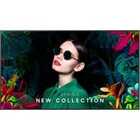 Samsung QM75C 75" digital signage flat panel, slim black bezel, vibrant display with colorful floral and model image.