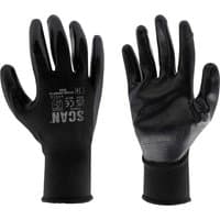 Black Scan Nitrile Seamless Inspection Gloves with glossy finish and white text on the back of one glove.