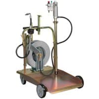 Air-operated oil dispensing system with hose reel, mounted on a wheeled cart, featuring a metal frame and control valves.